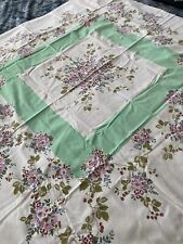 Vintage Cotton Print Tablecloth Mint Green Wild Strawberry Hollyhocks 46” X 51” picture