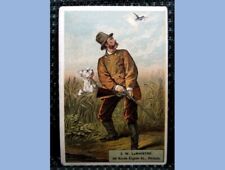 1881 antique VICTORIAN trade card MAN HUNTING JW LEMAISTRE philadelphia pa LACE picture