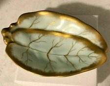 Vintage A.K. France Leaf Shaped Light Blue and Gold Small Porcelain Trinket Dish picture