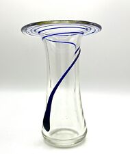 Vintage Handblown Art Glass Vase With Applied Cobalt Swirl 7 In picture