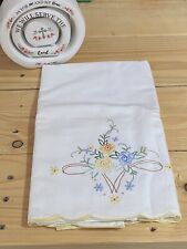 Vintage 1970s White Cotton Flower Floral Embroidered STANDARD Pillowcase Set 2pc picture