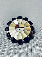 SUPERB VINTAGE ZUNI INLAY CORAL SHELL JET SUNFACE STERLING SILVER PIN PENDANT picture