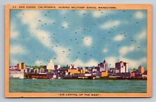 San Diego California During Military Aerial Maneuvers Vintage Unposted Linen picture