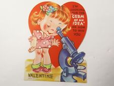 Vintage Valentine Card Die Cut Girl Looking Through Microscope Heart Back C7759 picture