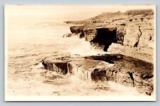 RPPC Waves Crashing Rugged Coastline B&W VINTAGE Postcard AZO 1925-1940s picture
