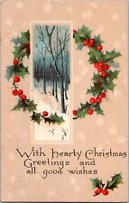 Vintage 1916 Christmas Greetings Postcard Holly snow woods nostalgic a5 picture