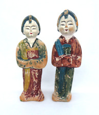Vintage 1950's Chinese Pair of Carved Wood Polychrome Female Geisha Figurines picture