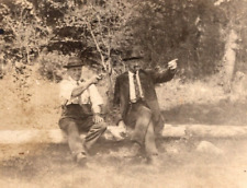 1918-1930 RPPC Men Sit On Log Man Points Gun At A Buck Classic Fashion Postcard picture