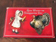 Good Wishes for Thanksgiving Day Turkey Little Girl Postcard picture