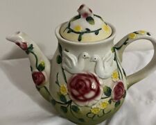 VINTAGE GORGEOUS CERAMIC TEAPOT WITH DOVES AND ROSES  #201 picture