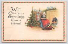With Christmas Greetings From A Friend~Dutch Lady~Tree~Boiling Pot~Fire~PM 1918 picture