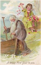 Vintage A Happy New Year To You Postcard 1907 Old Man Time W/Boat Angel Cherub picture