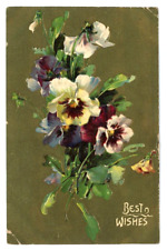1909 Best Wishes Pansy Viola Floral Gold Embossed Flowers Antique Postcard picture
