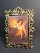 Ornate Baroque Style Brass Framed Print Boy With Rabbit Made In Italy picture
