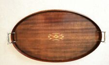 Quality Antique Mahogany Edwardian Inlaid Oval Gallery Tray with Nickel Handles picture
