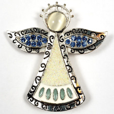 Vintage ENAMEL BROOCH/ PIN~ Blue Rhinestone HOLIDAY ANGEL Signed KC KENNETH COLE picture