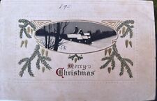 1911 Merry Christmas Postcard Snow House Scene Tree Pine cones Night picture