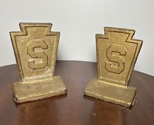 Antique PAIR Keystone & Letter S Bookends Heavy Gold Paint Cast Iron Rare picture
