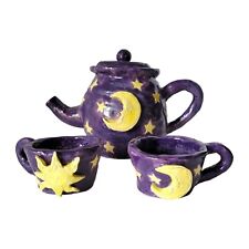Celestial Tea Set Teapot Cups Clay Art Pottery Sun Moon Stars Hand made  Cottage picture