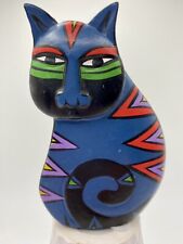 Vintage Hand-Painted Wooden Blue Cat with Colored Stripes, Laurel Birch Style picture
