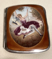 Antique Edwardian 935 Silver & Guilloche Enamel Cigarette Case W/ Girl on Swing picture