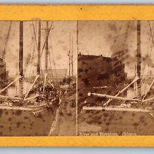 c1870s Chicago, IL Rivers Elevators Sail Boat Dock Stereo Photo Pier Factory V24 picture