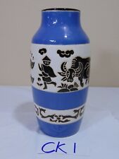 VINTAGE POTTERY CERAMIC VASE-BLUE-WHITE-BROWN-ETCHED-BIRDS-OX-OXEN-PEOPLE RARE picture