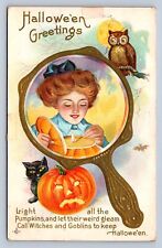 J99/ Halloween Postcard Holiday Greetings c1910 Series 248C Owl Mirror 482 picture
