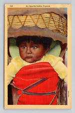 Postcard Apache Native American Child in Papoose Arizona, Vintage Linen i10 picture