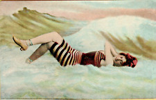 Antique Postcard 1909 Bathing Beauty Laying in Ocean with Heels On Posted picture
