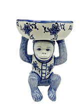 Vintage Chinoiserie Blue & White Ceramic Monkey Holding Dish Bowl Soap Keys picture
