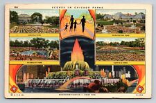 Scenes In Chicago Illinois Parks Vintage Posted 1942 Linen Postcard Multiview picture