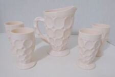 Vintage 50s Jeannette Shell Pink Milk Glass Thumbprint Juice Pitcher & 4 Glasses picture
