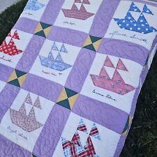 Antique 1920's Feedsack Friendship Quilt  Hand Stitched Signed Sailboat 80 X 66 picture