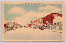 Postcard Scottsbluff, Nebraska, Broadway, Old Cars, Vintage Linen A383 picture