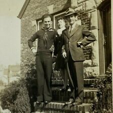 Navy Sailor Tall Man Short Woman Steps House B&W Photograph 2.75 x 4.5 picture