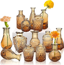 14 Pcs Amber Glass Bud Vase Set,Small Brown Vases,Mini Vintage Glass Flower Vase picture