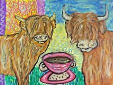 SCOTTISH HIGHLAND CATTLE Drinking Coffee Farm Vintage Art Print 5x7 Signed picture
