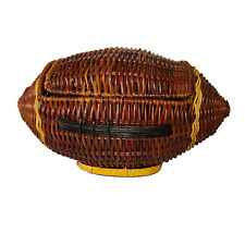 Vintage Wicker Football Basket Chest Opens Up Decor Boho Small Trinket Box 5x9 picture