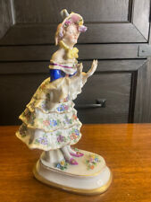 Antique Dresden German Porcelain Lady Traditional Floral Dress Gold Accents picture