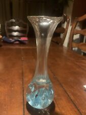 Handblown Art Glass Bud Vase Blue Flowers Bubbles Weighted Base 8”Tall picture