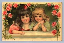 Postcard Vtg Reprint Reproduction Two Girls Rose Border All Occasion  picture