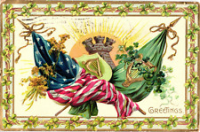 1910 Tuck's SHAMROCK SERIES Greetings USA Flag Castle Embossed Postcard picture
