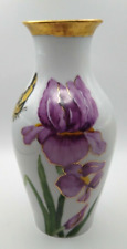 Vintage Lindner Yellow Butterfly an Purple Flower Vase Heavy Gold Rim White Base picture