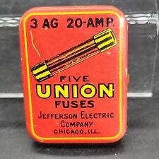 Vintage JEFFERSON UNION Glass Fuse Tin 3AG 20 Amp Hinged Lid with 4 Fuses picture
