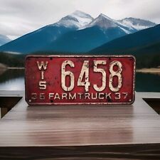 Vintage 1936/37 Wisconsin Farm Truck License Plate Distressed RARE 6458 picture