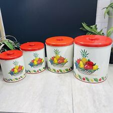 Vintage 50’s Decoware Metal Canister Set Red White Kitchen 4 Pc Fruit Design USA picture