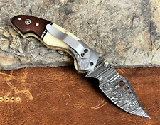 Personalized Damascus Steel Pocket Knife Belt Clip Camel Bone & Rose Wood Handle picture