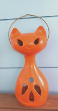 VINTAGE MCM  Orange Ceramic CAT Tealight Candle Holder Lantern picture