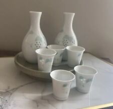 Vintage Sake Set 4 Cups & 2 Carafe Made In Japan Hand Painted Grape Vine Design picture
